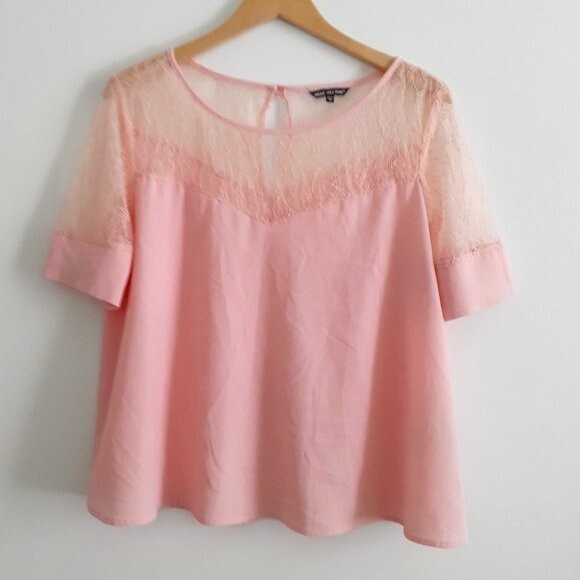 Unique Spectrum Blush Pink Peach Mesh Floral Lace Top Back Keyhole Baby Doll Top - Picture 2 of 10